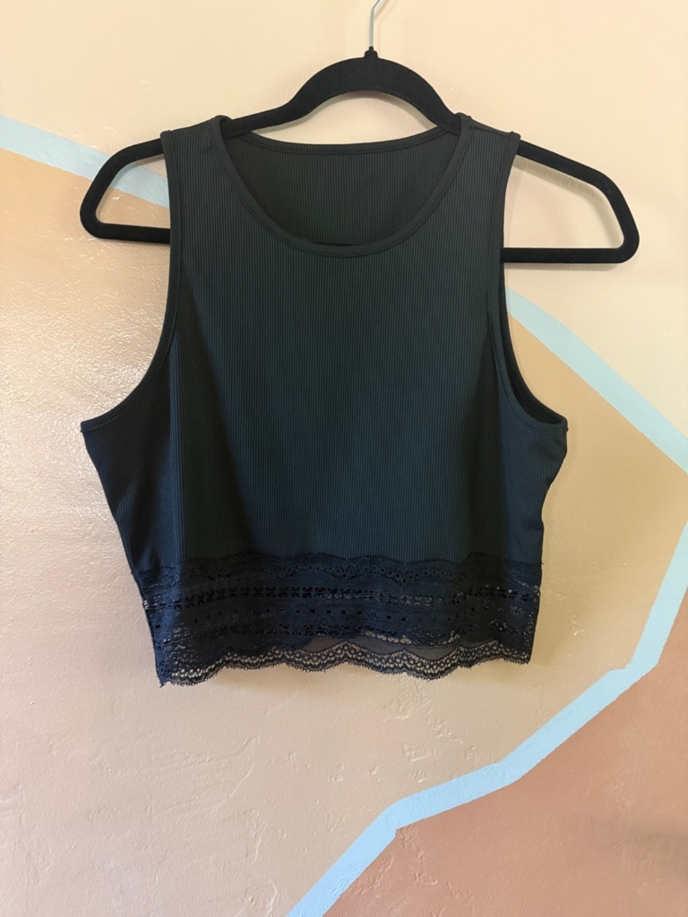 SHEIN Black Ribbed Lace-Trim Cropped Tank